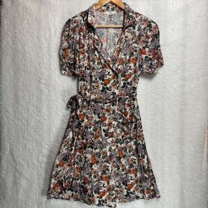 MNG Casual Floral Wrap Dress S Short Sleeve Tie Waist Boho Cottagecore Size 4